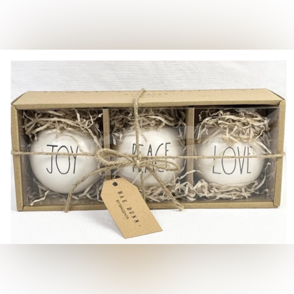 Rae Dunn by Magenta Joy Peace Love Ceramic Ornaments Set of 3 New In Box